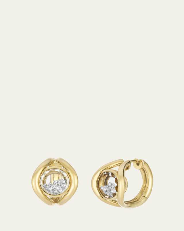 18K Yellow Gold Cascavel Huggie Earrings with Diamonds and Kaleidoscope Shakers